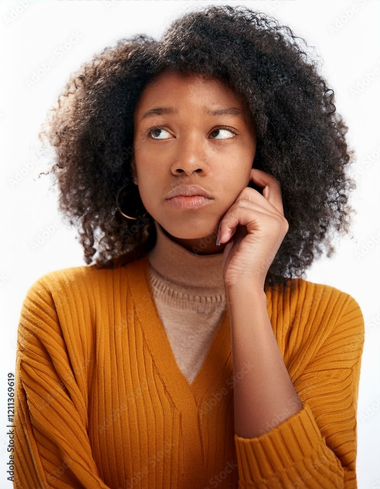 An attractive black girl with a pensive expression, deep in thought on a white background. An attractive black girl with a pensive expression, deep in thought on a white background.