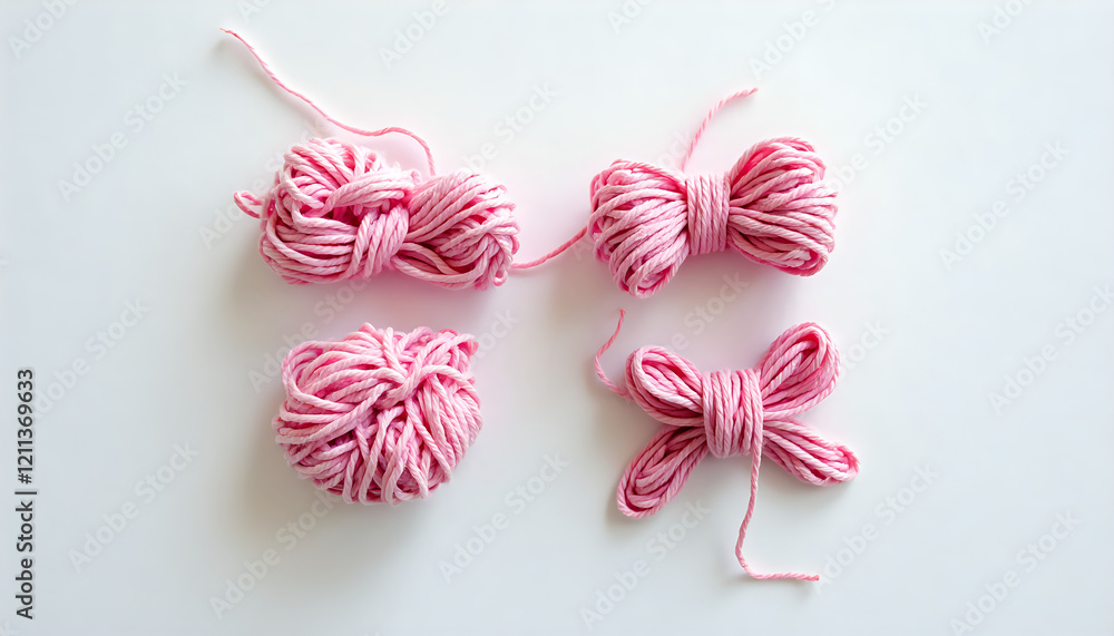 A pink wool yarn on a white surface. A pink wool yarn on a white surface.