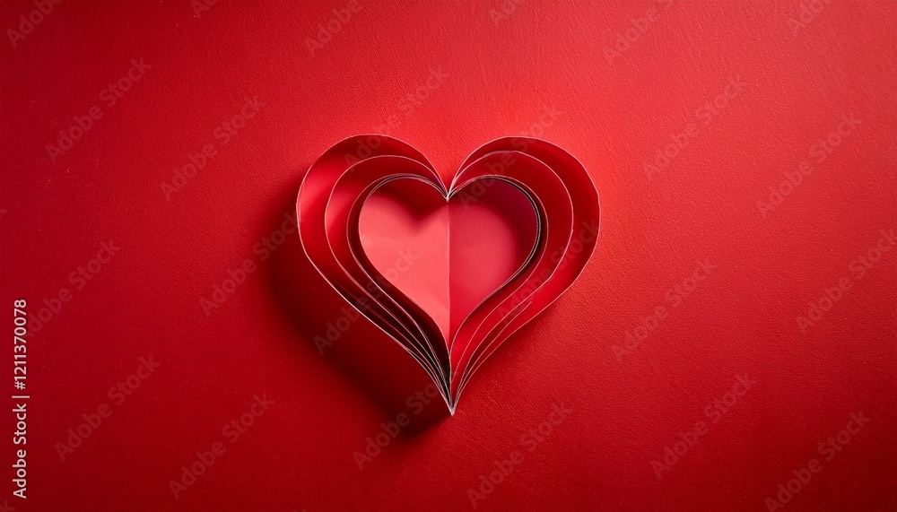 Paper Craft of Multi Layered Red Love Heart on Red Background, Valentines Day Paper Craft of Multi Layered Red Love Heart on Red Background, Valentines Day