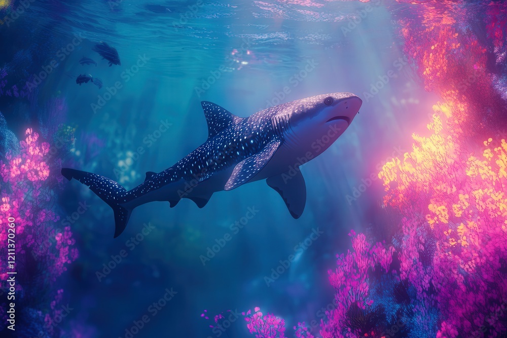 Fototapeta premium majestic shark swims gracefully through the glowing ocean, its streamlined form cutting through the water with ease.