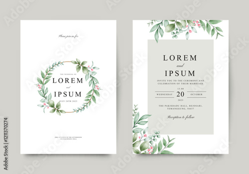 Minimalist floral green leaves wedding invitation template