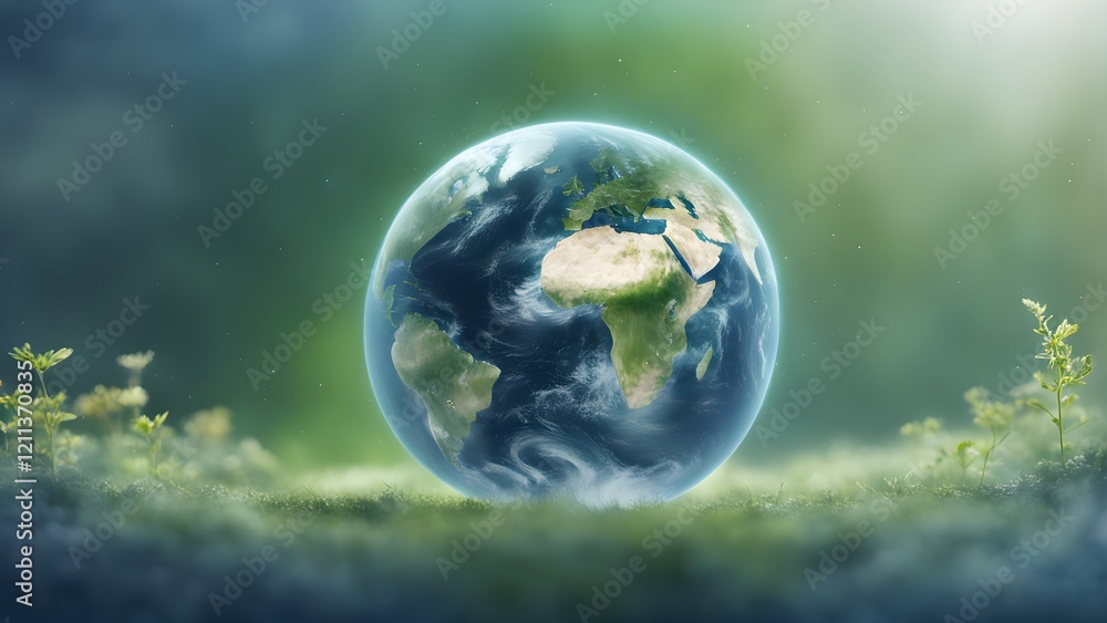 Fototapeta premium A digitally enhanced image of planet Earth gently resting on a bed of lush green grass, conveying environmental themes of nature and sustainability.
