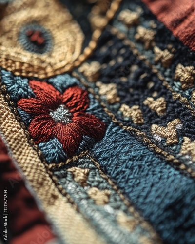 A serene close-up of an embroidered flag emblem, showcasing intricate stitches and textures