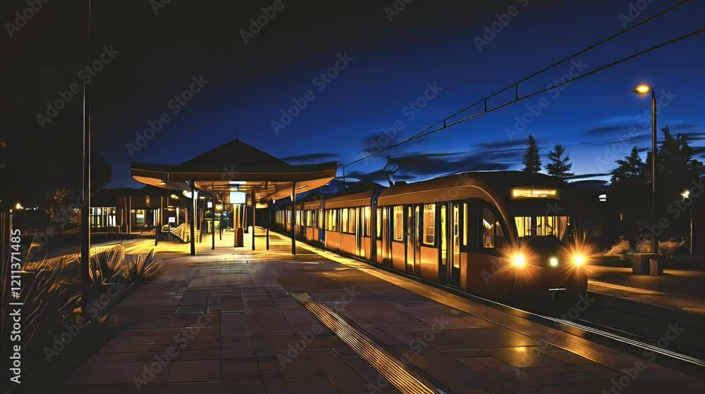 Night tram arriving at modern station, city skyline at dusk Night tram arriving at modern station, city skyline at dusk