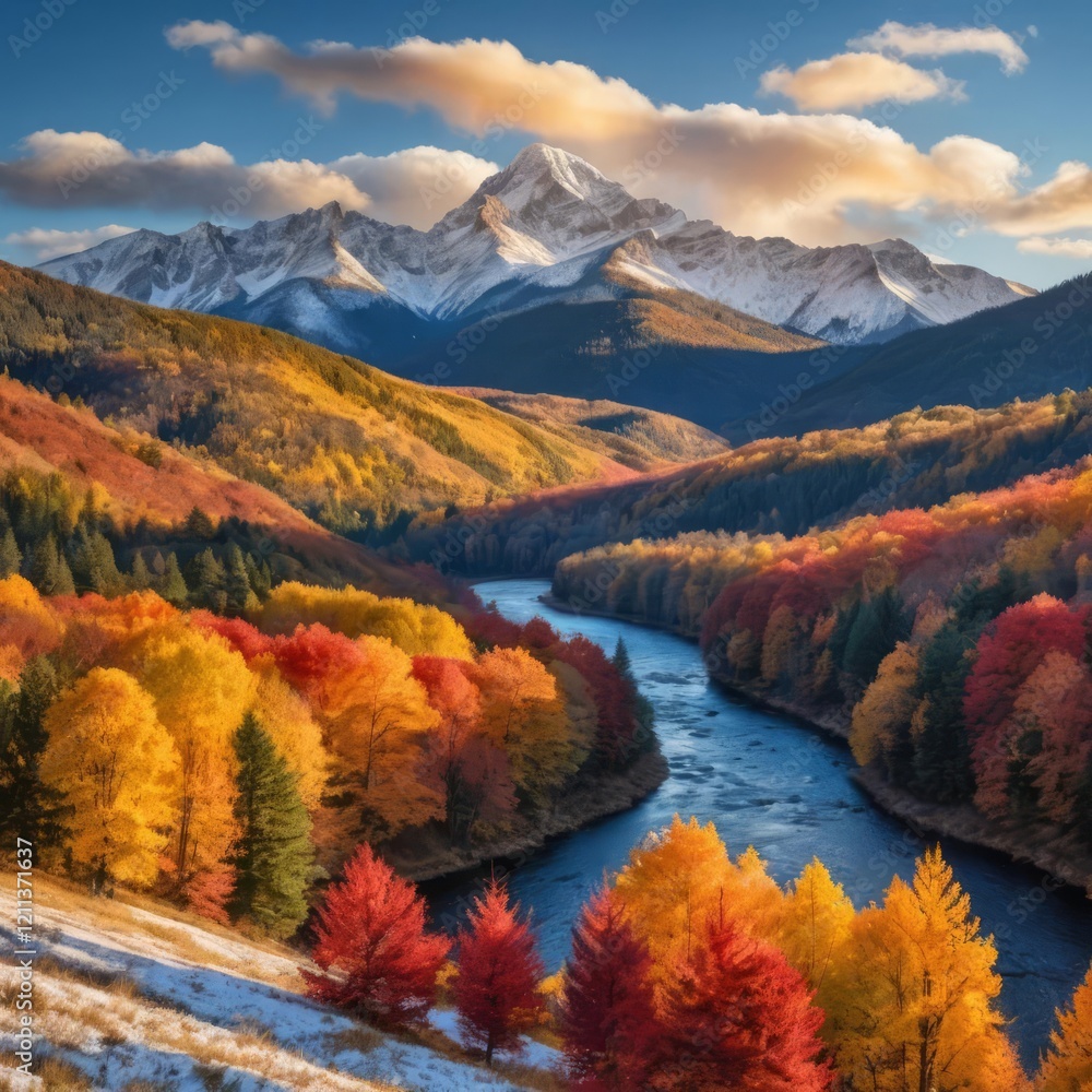Fototapeta premium Snow-Dusted Peaks in Autumn Glow.jpeg