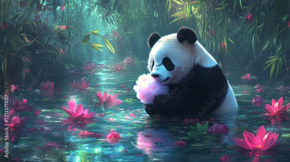 A panda in a serene pond surrounded by pink lotus flowers, enjoying a fluffy treat. A panda in a serene pond surrounded by pink lotus flowers, enjoying a fluffy treat.