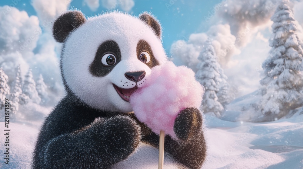 A cheerful panda enjoying cotton candy in a snowy landscape. A cheerful panda enjoying cotton candy in a snowy landscape.