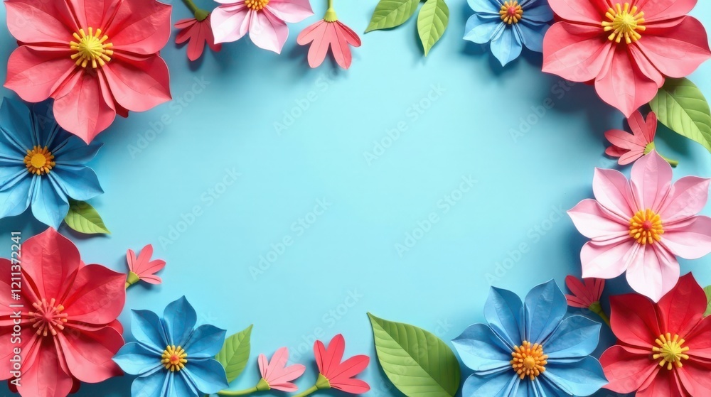Fototapeta premium A vibrant pastel floral frame with meticulously crafted paper blossoms, showcasing a delightful array of colors and delicate details, perfect for seasonal celebrations and festive designs.