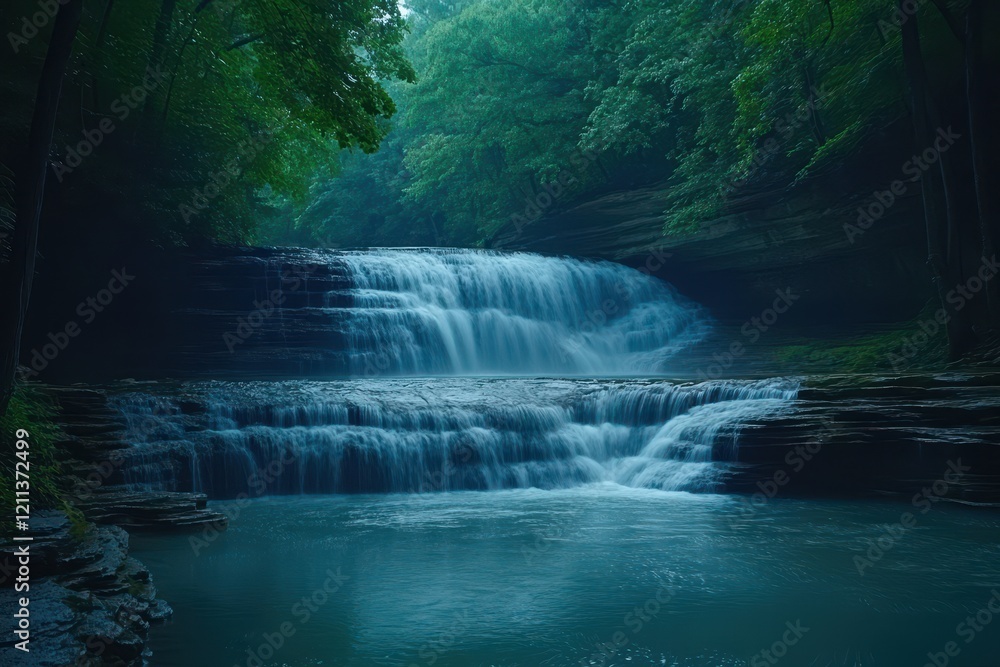 Tranquil Waterfall Cascading Over Rocky Edges in a Lush Green Forest Setting Under Soft Morning Light for Nature Enthusiasts and Landscape Photography Lovers Tranquil Waterfall Cascading Over Rocky Edges in a Lush Green Forest Setting Under Soft Morning Light for Nature Enthusiasts and Landscape Photography Lovers