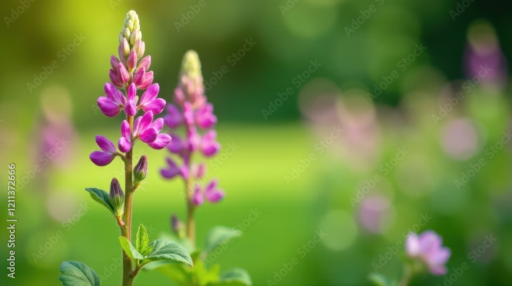 Vibrant Pink Lupine Flowers Blooming in a Lush Green Meadow, Illuminated by Soft Sunlight, Creating a Serene Natural Scene Vibrant Pink Lupine Flowers Blooming in a Lush Green Meadow, Illuminated by Soft Sunlight, Creating a Serene Natural Scene