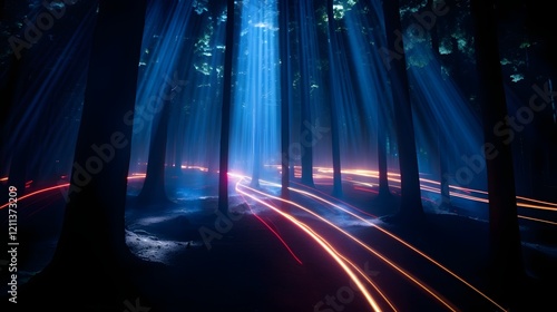 Captivating long exposure of laser lights forming intricate and mesmerizing trails of luminous patterns in a vibrant array of colors  The dynamic and flowing light creates a futuristic digital photo