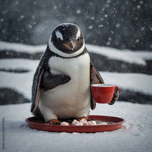 A penguin holding a tray with a cup of hot cocoa.