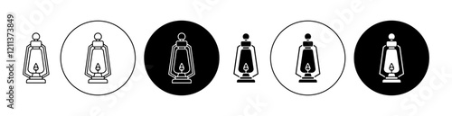 Camping lantern icons set in black filled and stroke line style