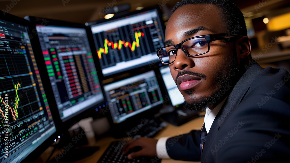 African american trader looking at monitor with stock market data in office
African american trader looking at monitor with stock market data in office