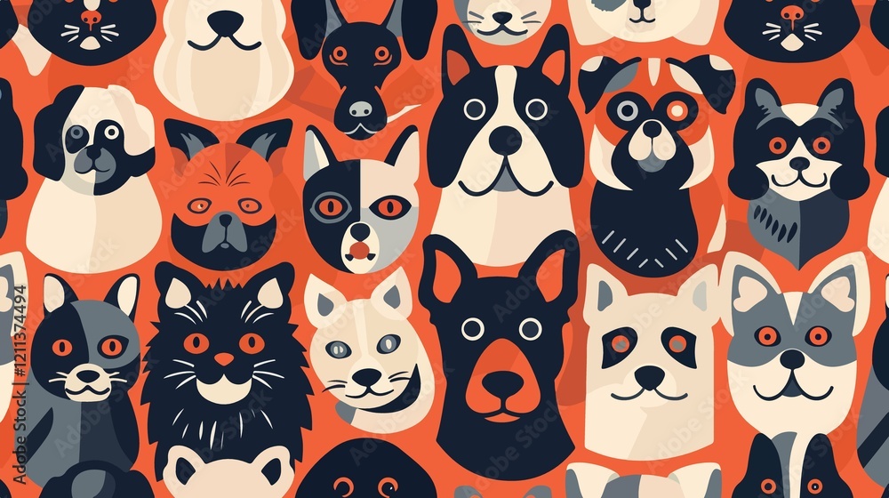 Fototapeta premium Pets Heads Dogs Cats Pattern Flat Vector Illustration