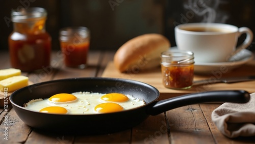 Rustic Kitchen Breakfast Scene with Sunny-Side-Up Eggs, Homemade Jam, and Fresh Coffee photo