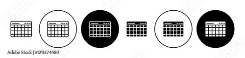 Data table icons set in black filled and stroke line style