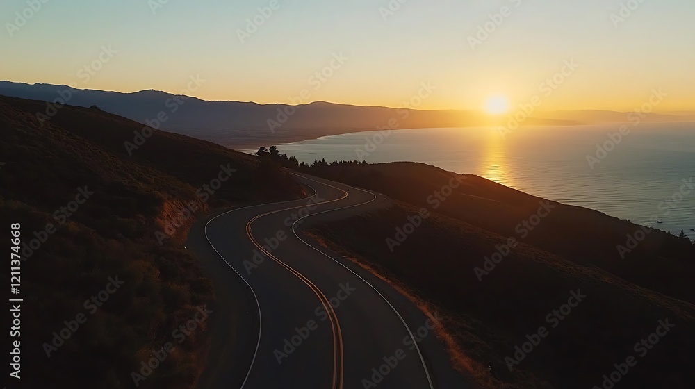 Fototapeta premium A winding road with a sunset in the background