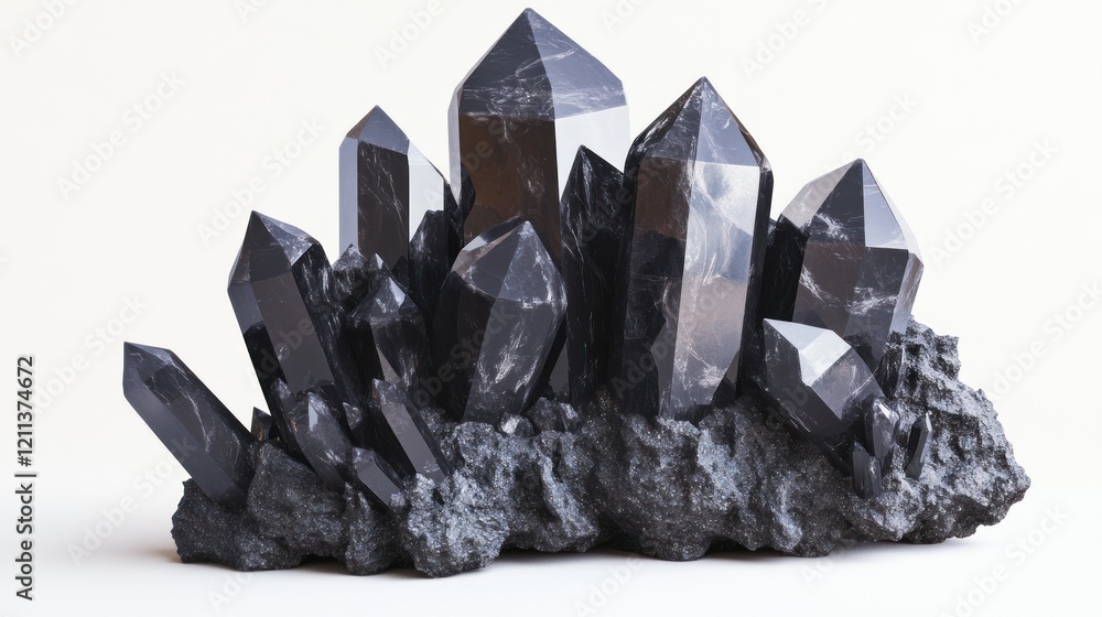 Black crystals cluster on rock, white background, 3D render, geology Black crystals cluster on rock, white background, 3D render, geology