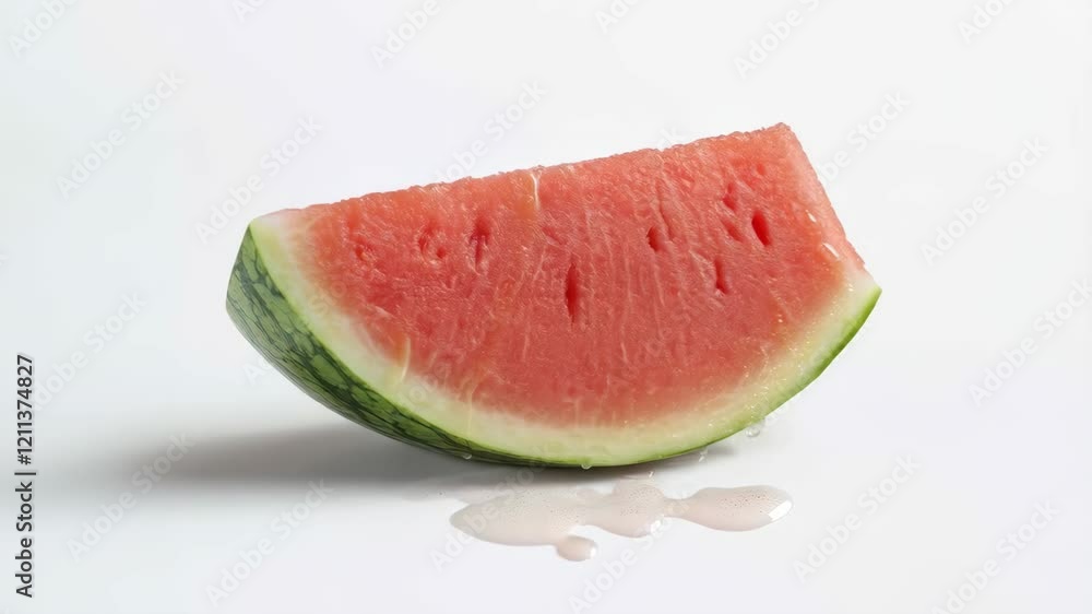 Watermelon slice slowly leaking juice on white surface in three consecutive frames Watermelon slice slowly leaking juice on white surface in three consecutive frames