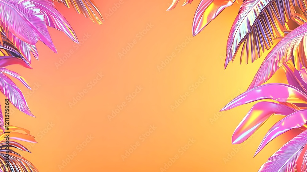 Iridescent Palm Leaves Frame Orange Background Iridescent Palm Leaves Frame Orange Background