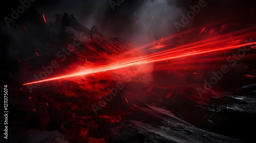 Dramatic and futuristic scene of a glowing red laser beam cutting through atmospheric smoke creating a mesmerizing and vivid lighting effect with a sense of mystery and technological wonder photo