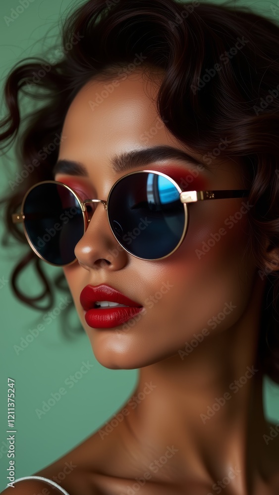 Dark-skinned Brunette with bright makeup and wearing sunglasses, Close-up face, golden frame and blue glasses glasses panes. Dark-skinned Brunette with bright makeup and wearing sunglasses, Close-up face, golden frame and blue glasses glasses panes.