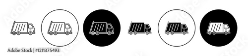 Garbage truck icons set in black filled and stroke line style