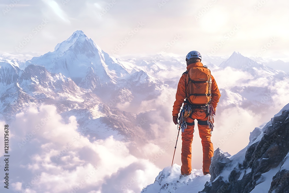 Determined mountaineer atop a snow-capped peak, overlooking a vast landscape. Determined mountaineer atop a snow-capped peak, overlooking a vast landscape.