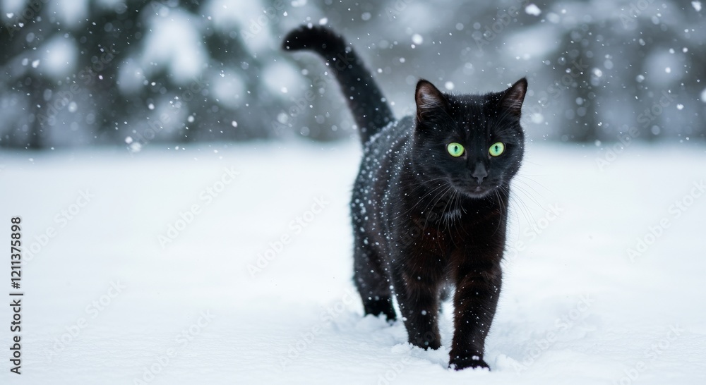 Fototapeta premium black cat walking in snow