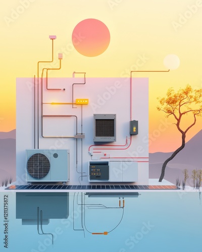 A serene diagram of a solar panel system, showing electrical flow to an inverter and battery photo