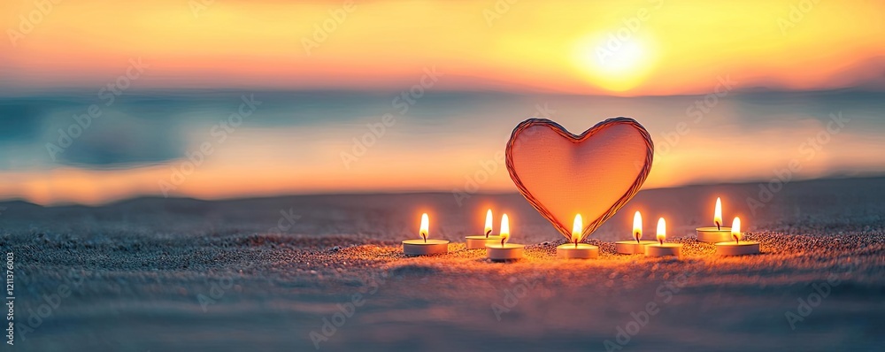 Valentine love idea. A romantic scene with candles forming a heart at sunset on the beach. Valentine love idea. A romantic scene with candles forming a heart at sunset on the beach.