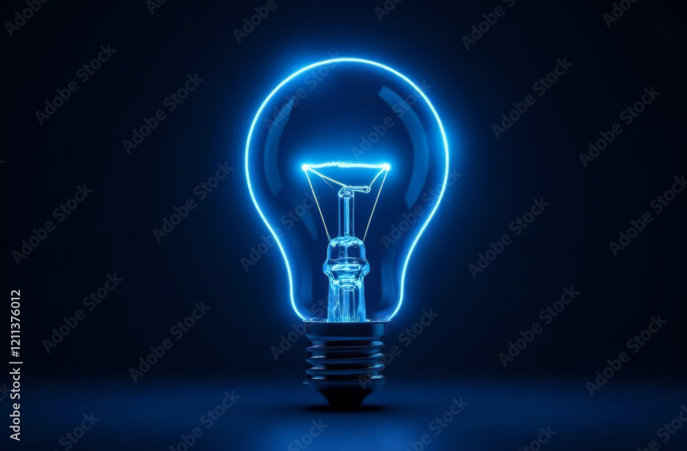 A bright blue neon light bulb on a black background symbolizes creativity and innovative ideas. A bright blue neon light bulb on a black background symbolizes creativity and innovative ideas.