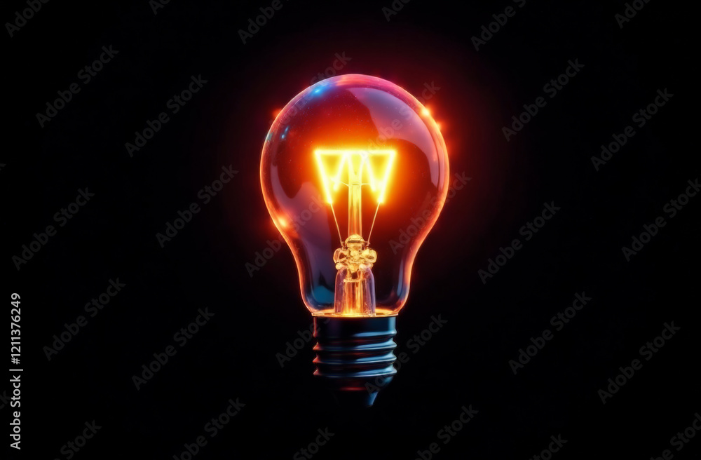 The bright light bulb glows in red-orange neon on a black background, symbolizing creativity and innovative ideas. The bright light bulb glows in red-orange neon on a black background, symbolizing creativity and innovative ideas.