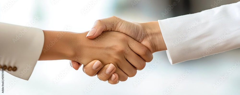 Obraz premium Women leadership concept. Two business professionals shaking hands to signify agreement and cooperation.