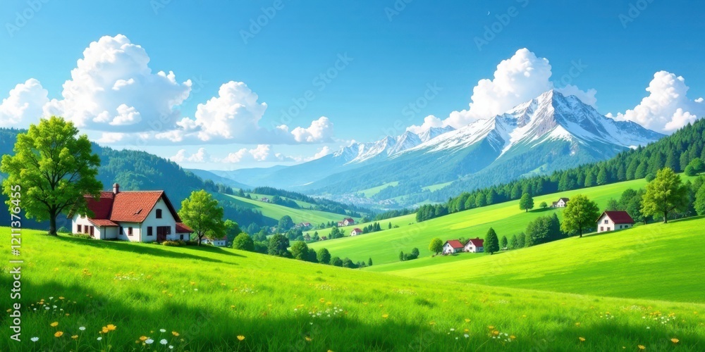 Fototapeta premium Serene Meadow Home Amidst Majestic Mountain Panorama with Lush Green Hills and Vibrant Spring Flowers