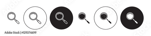 Loupe icons set in black filled and stroke line style