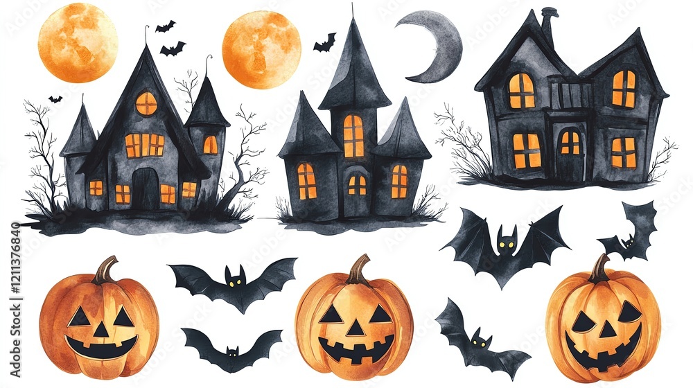 Fototapeta premium Collection set watercolor Halloween designs with pumpkins, bats, and haunted houses, on a white background