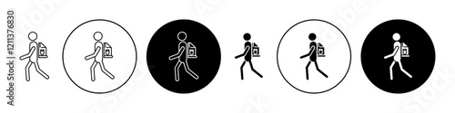 Man with backpack icons set in black filled and stroke line style