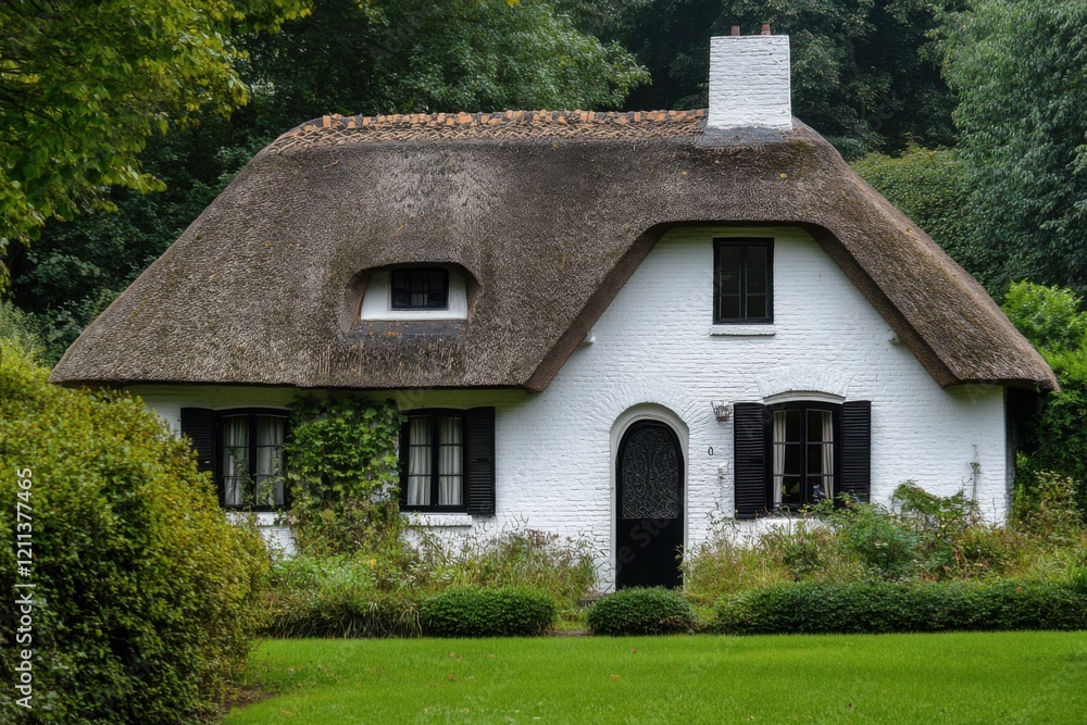 Fototapeta premium A delightful thatched cottage, perfectly nestled among vibrant greenery, offers a tranquil retreat in the serene countryside, bathed in the gentle light of early afternoon