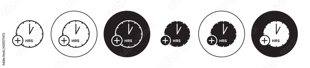 Plus hours icons set in black filled and stroke line style Plus hours icons set in black filled and stroke line style