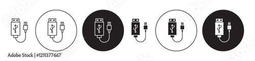 Plug USB cable icons set in black filled and stroke line style