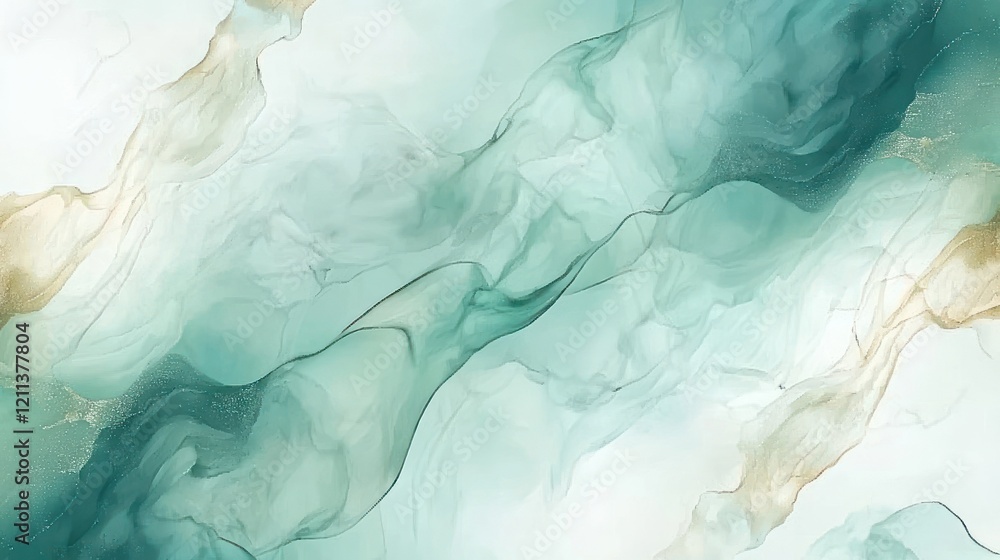 Fototapeta premium Teal, gold ink abstract art; flowing design, white background; website banner