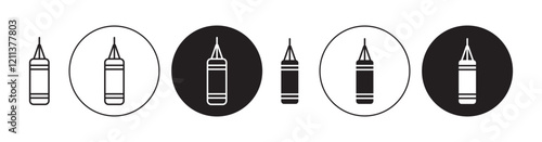 Punching bag icons set in black filled and stroke line style