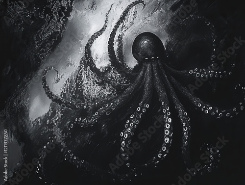 quiet, mysterious scene beneath the waves, where a giant squid moves through the deep sea. photo