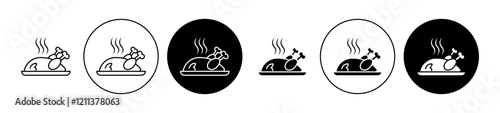 Roasted chicken turkey icons set in black filled and stroke line style