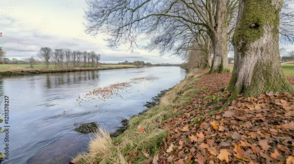 Autumn riverbank, trees, fallen leaves, calm water, peaceful landscape, nature background Autumn riverbank, trees, fallen leaves, calm water, peaceful landscape, nature background