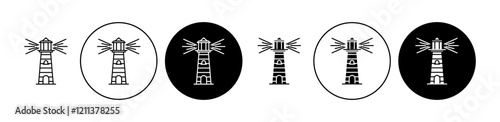 Searchlight tower icons set in black filled and stroke line style