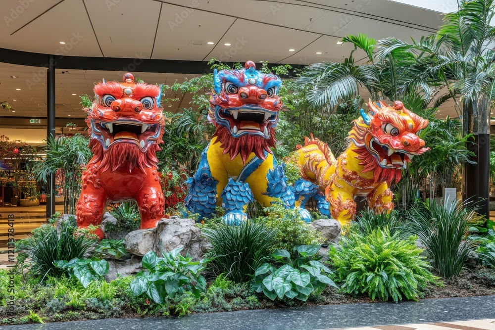 Fototapeta premium Vibrant and Colorful Dragon Statues in a Lush Indoor Setting with Tropical Plants and Modern Architecture Creating a Unique Shopping Experience