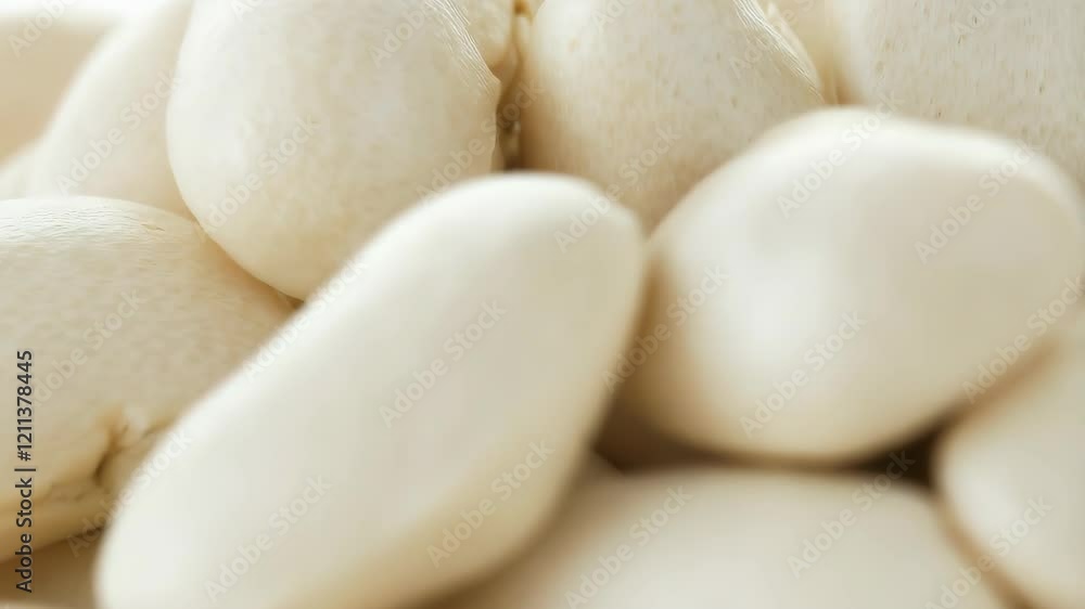 Closeup rotation of white beans on a reflective surface Closeup rotation of white beans on a reflective surface